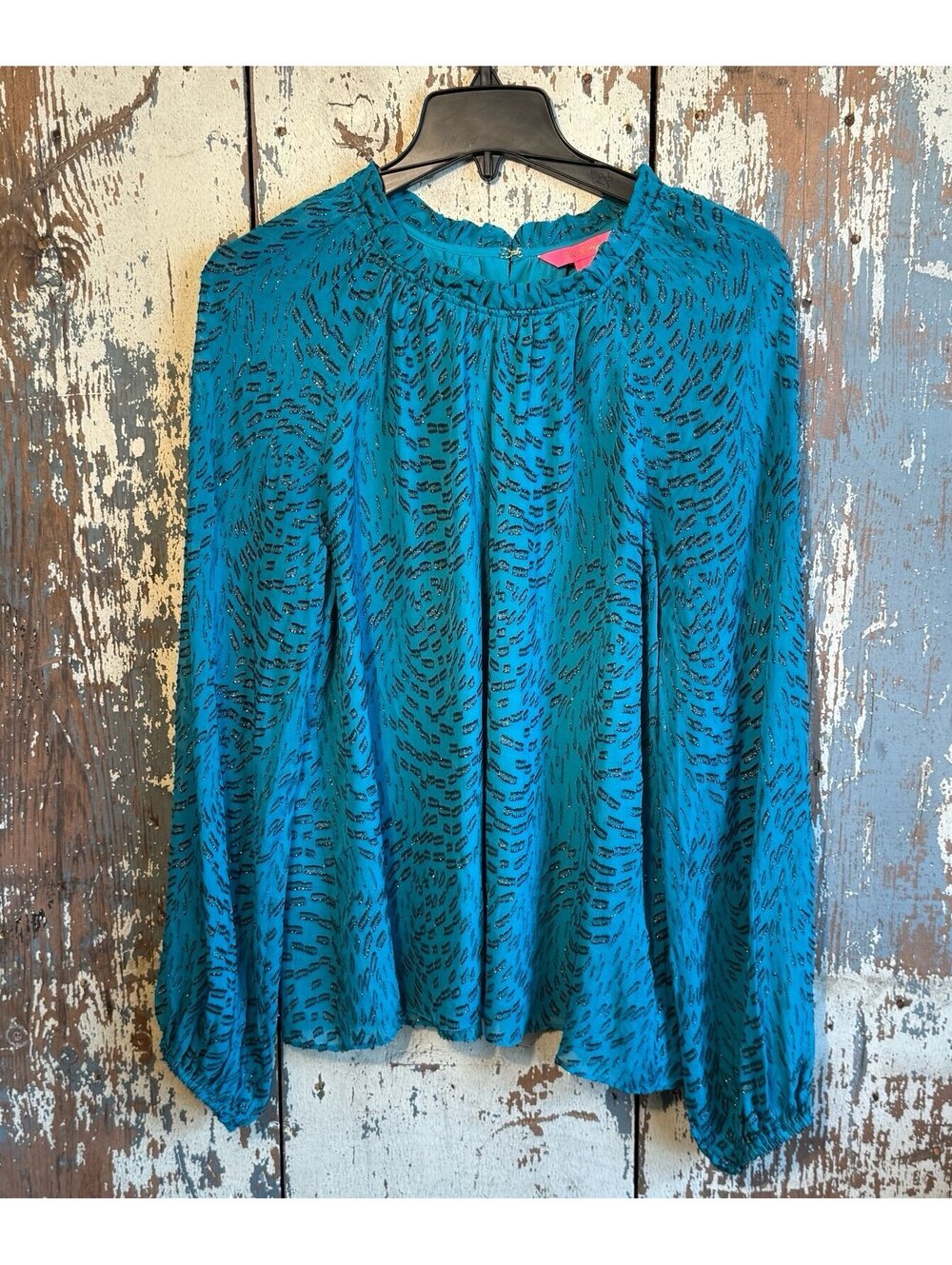 Lilly Pulitzer Silk Caline Metallic Turquoise Top Long Sleeve Blouse, size Large